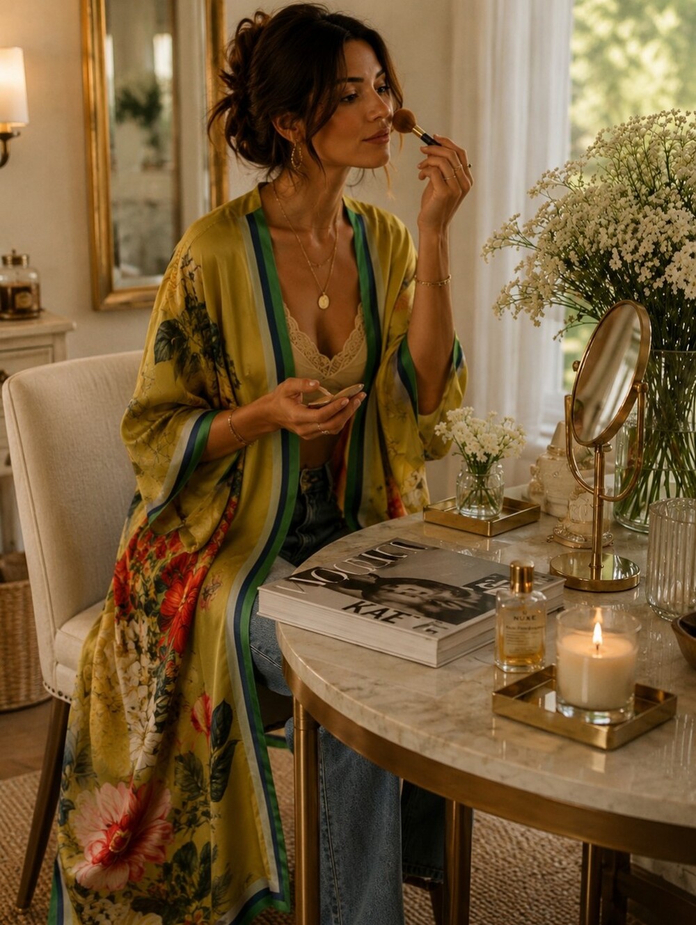 Aratta Yellow Satin Kimono with Green Trim And Embellishments. NWT  OS